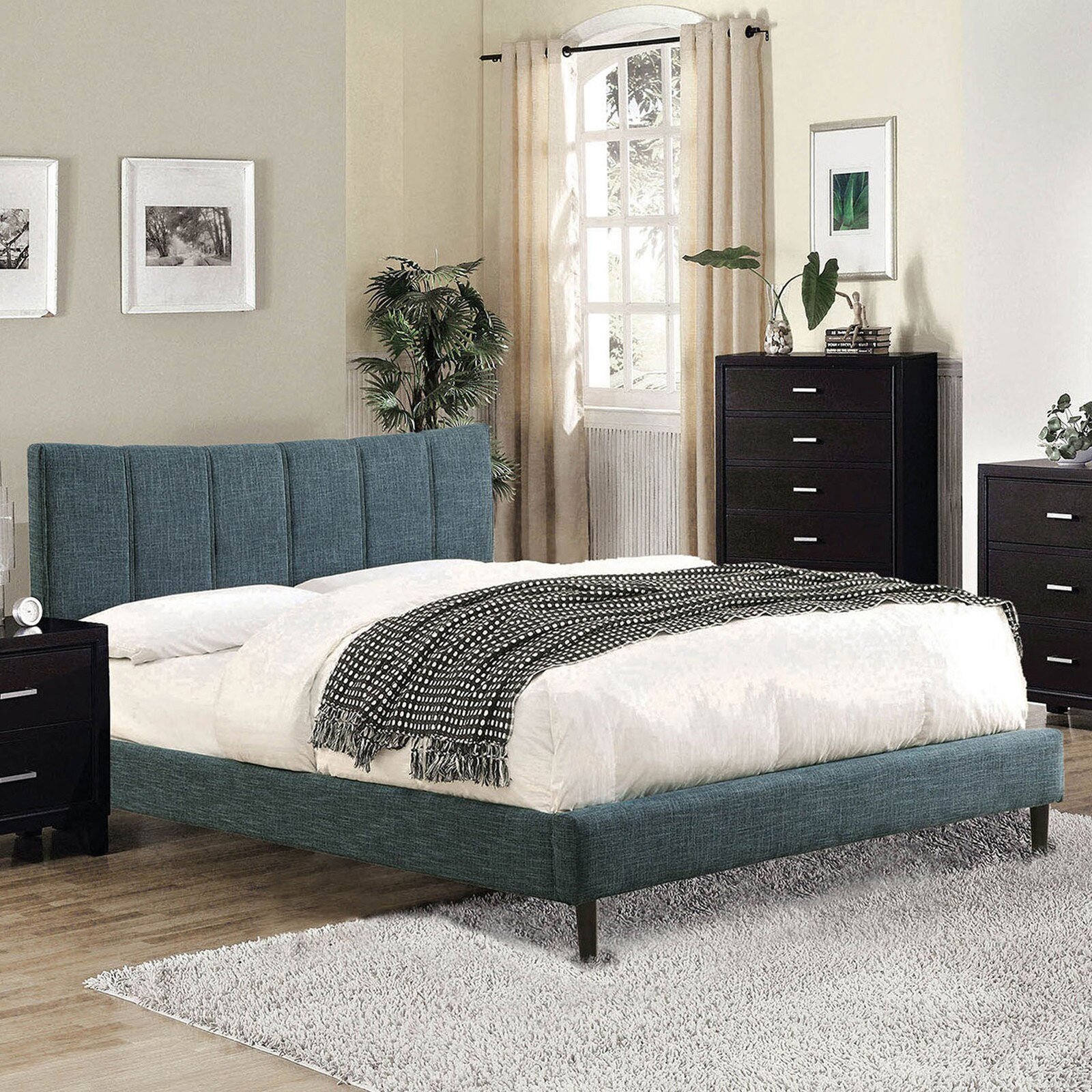 Furniture of America Ennis Dark Blue Fabric Full Size Panel Bed