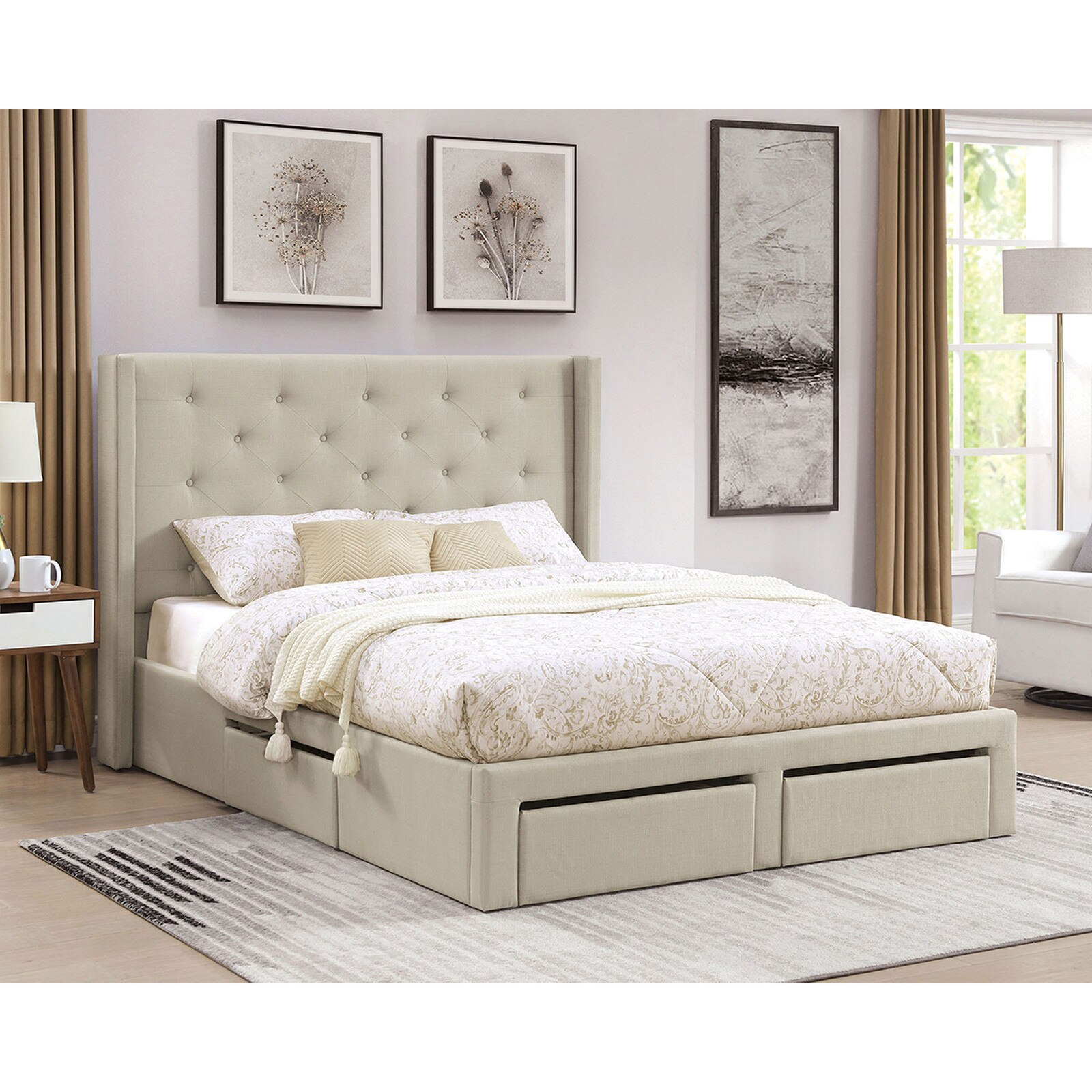 Furniture of America Mitchelle Beige Linen Queen Size Platform Bed